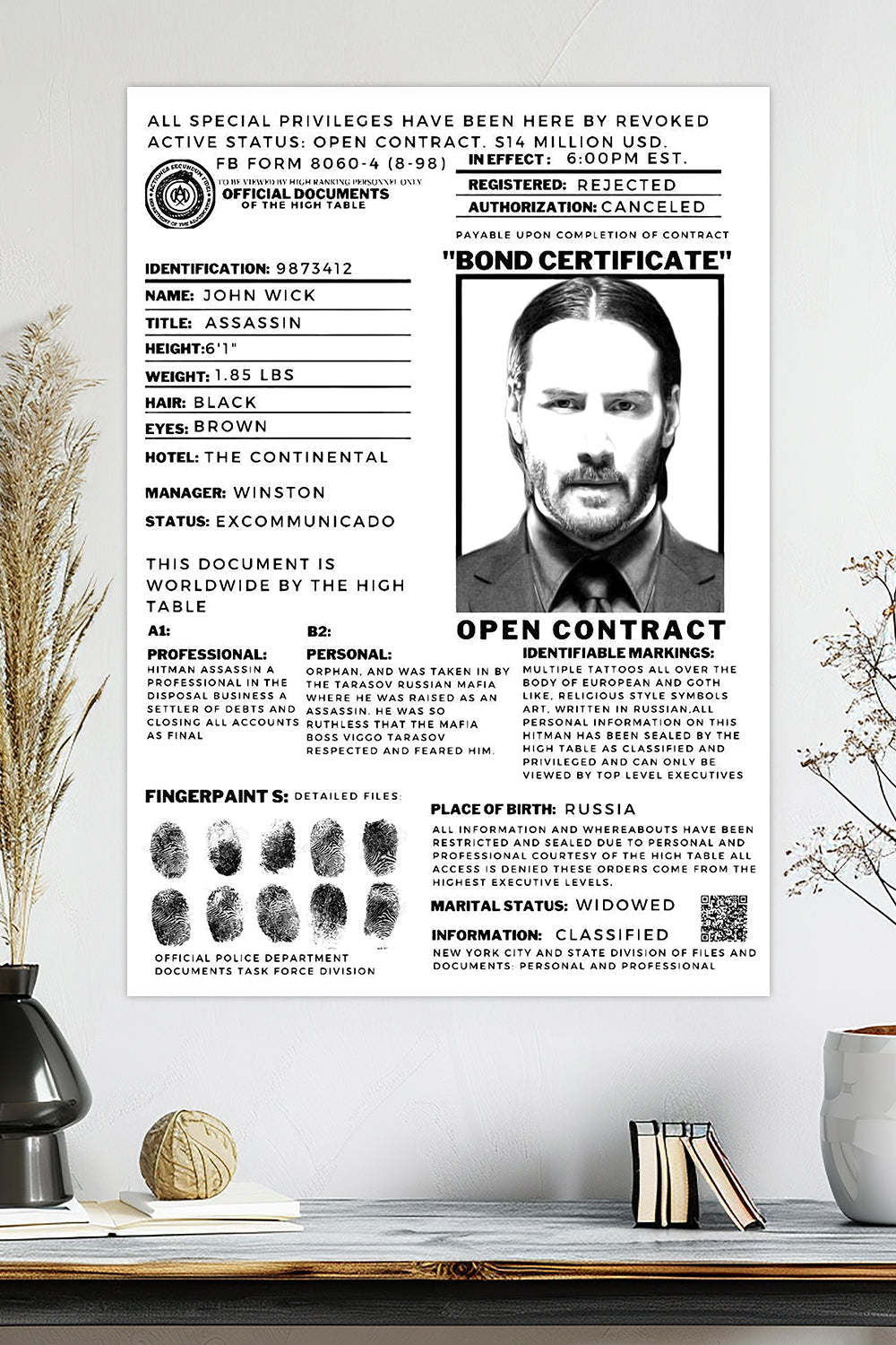 John Wick Bond Certificate | Keanu Reeves | Poster Movie