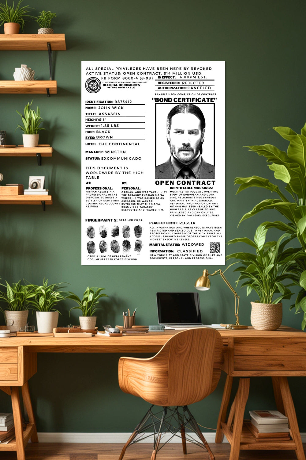 John Wick Bond Certificate | Keanu Reeves | Poster Movie