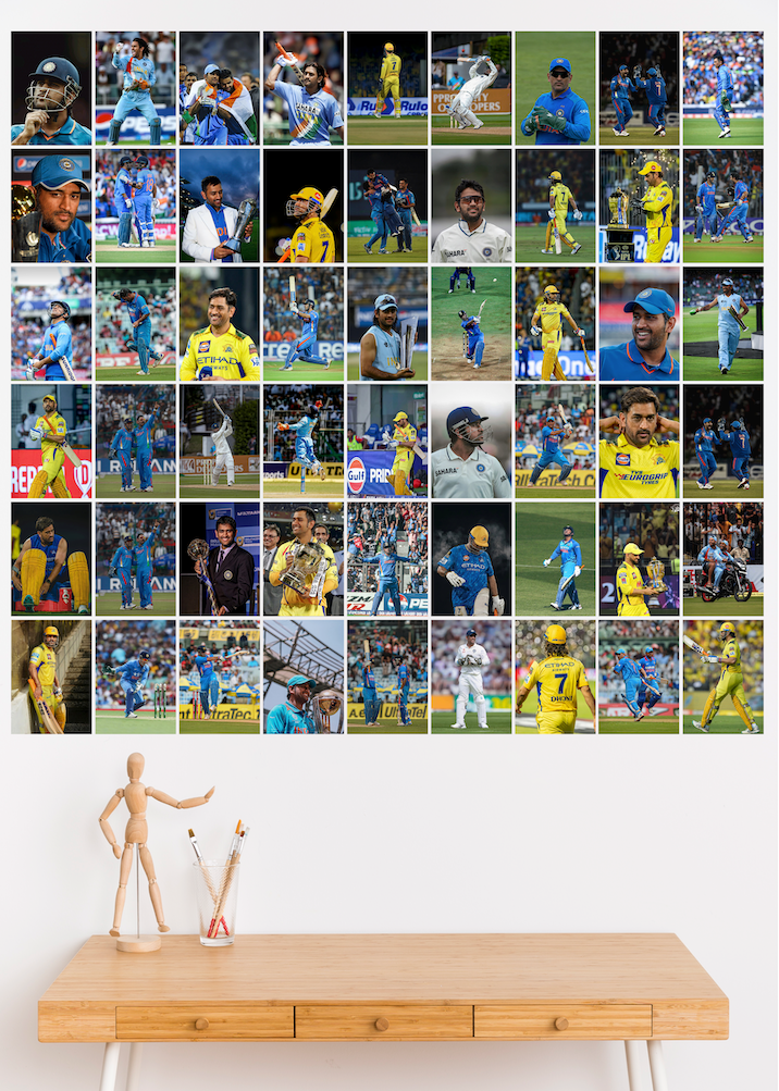 MS Dhoni Collage Kit (Set of 54 Posters) | Legendary Cricket Wall Art for Fans