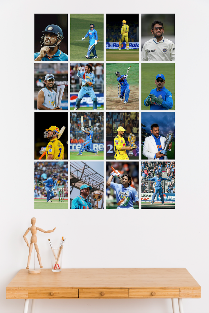 MS Dhoni Collage Kit (Set of 16 Posters) | Legendary Cricket Wall Art for Fans