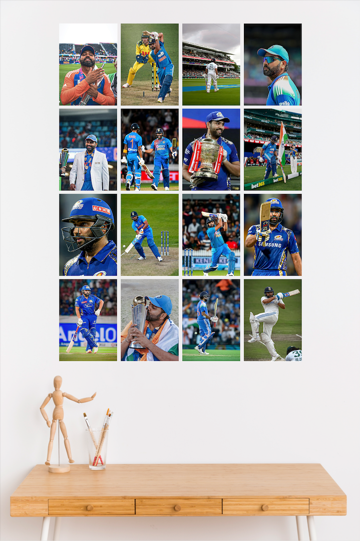 Rohit Sharma Collage Kit (Set of 16 Posters) | Premium Cricket Wall Art for Fans